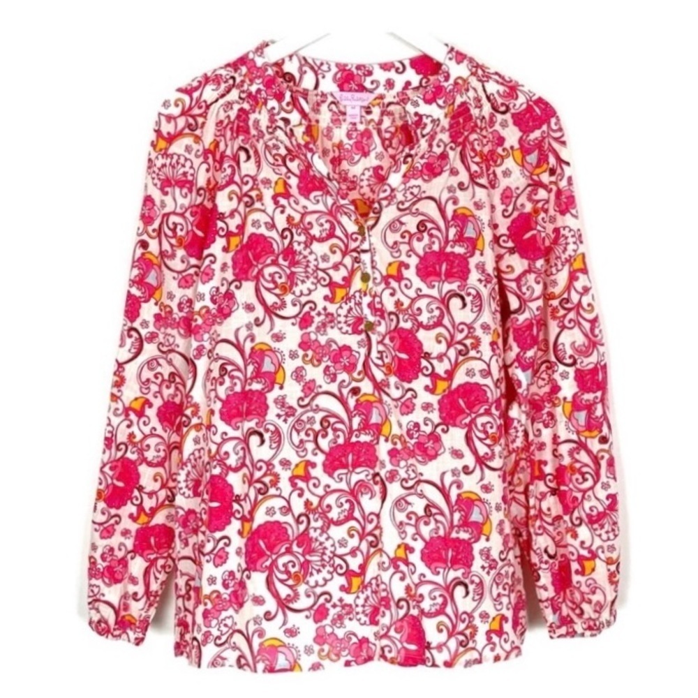 𝅺Lilly Pulitzer Elsa Pink Floral Blouse Top Size Extra Small